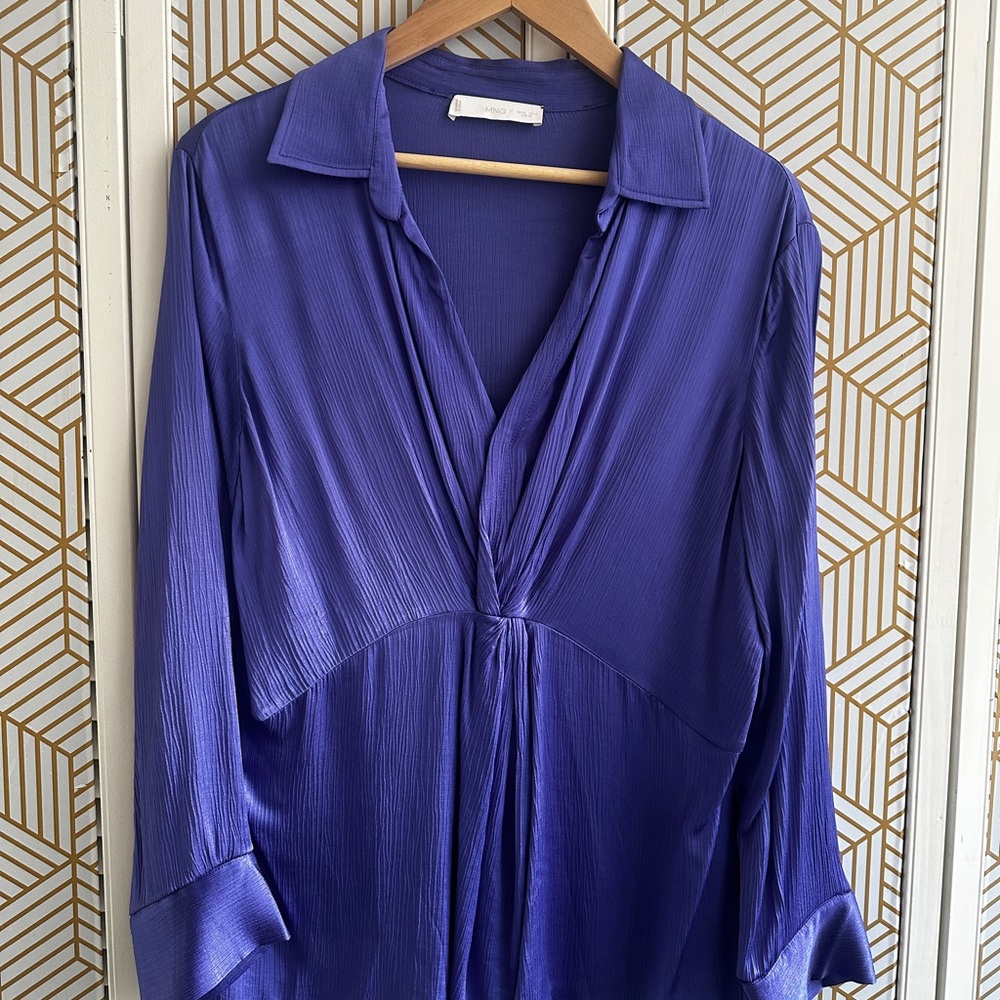 Mango Purple Relaxed Blouse with Notched Collar and Long Sleeves